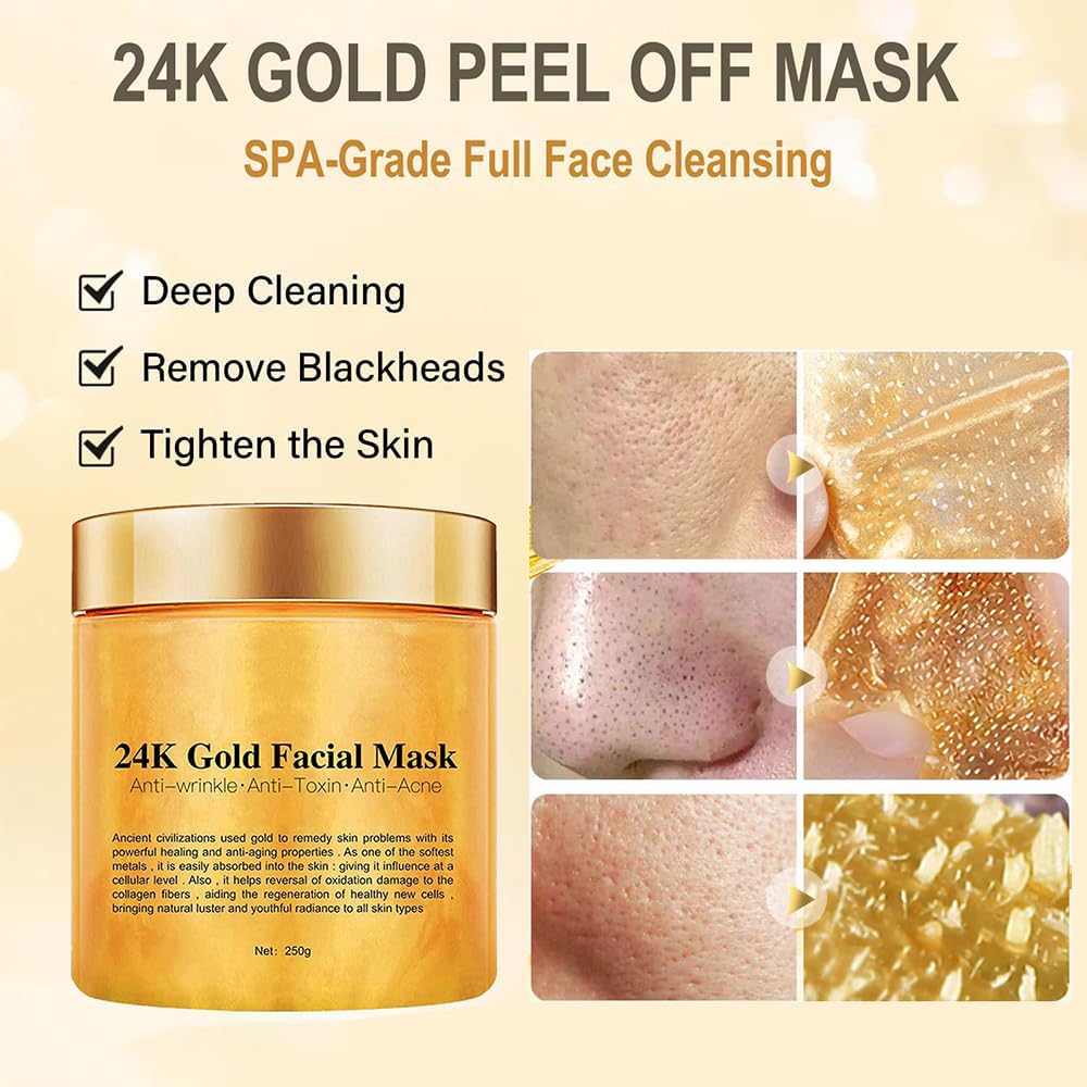 Chenkxin 24K Gold Facial Mask, Gold Peel Off Mask, Rejuvenating Collagen Face Mask For Flawless Skin, Reduces Fine Lines & Wrinkles, Clears Acne, Minimizes Pores, Moisturizes & Firms Up Your Skin, 250g