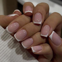 NLFOX 24Pcs French Tip False Nails Short - Press on Nails - Fake Nails with Glue - Nude White Stick on Nails - Full Cover Acrylic Square False Nail Tips for Women Girls Nail Art