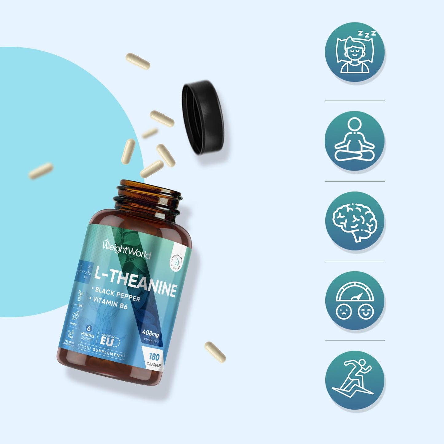 WeightWorld L-Theanine 408mg - 180 Capsules - 6 Months Supply | with Vitamin B6 & Black Pepper | 1 Capsule per Day | Vegan, Gluten-Free & Non-GMO - L Theanine Supplement for Men & Women - Made in Europe