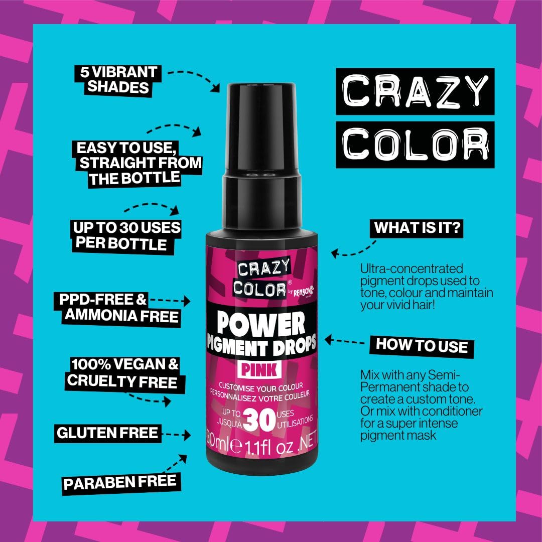 Crazy Color Hot Pink Hair Dye, Power Pigments, 30ml