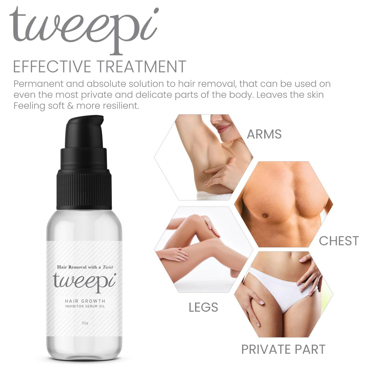 Tweepi Hair Growth Inhibitor Serum Oil- Permanent Body & Face Hair Removal- Modern Day Ant Egg Oil- Paraben Free- MADE IN UK- 50G