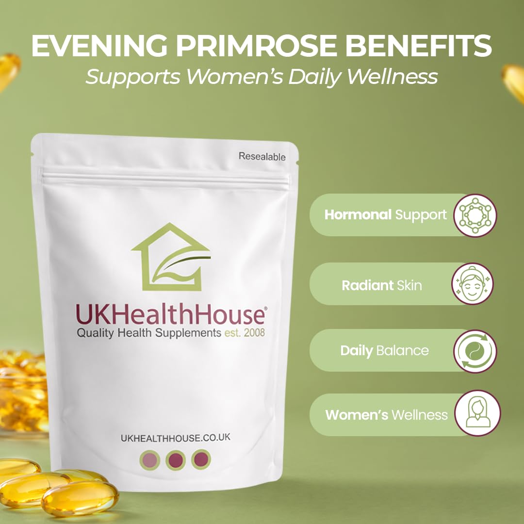 UKHealthHouse Evening Primrose Oil – EPO Capsules, 1000mg x 60 Softgels – High Strength Omega 6 GLA Content – Great for Skin, Immune System, Hormonal Pain, Hot Flushes & Women’s Health