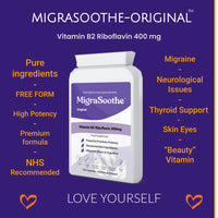 Premium Vitamin B2 Riboflavin 400mg per Capsule 120 Days Supply - Migrasoothe-B Pharma Manufacturing Standards UK Made Migraine Support, Stress, Tremors & Energy Vegan. NHS Recommended Vitamin B2 400