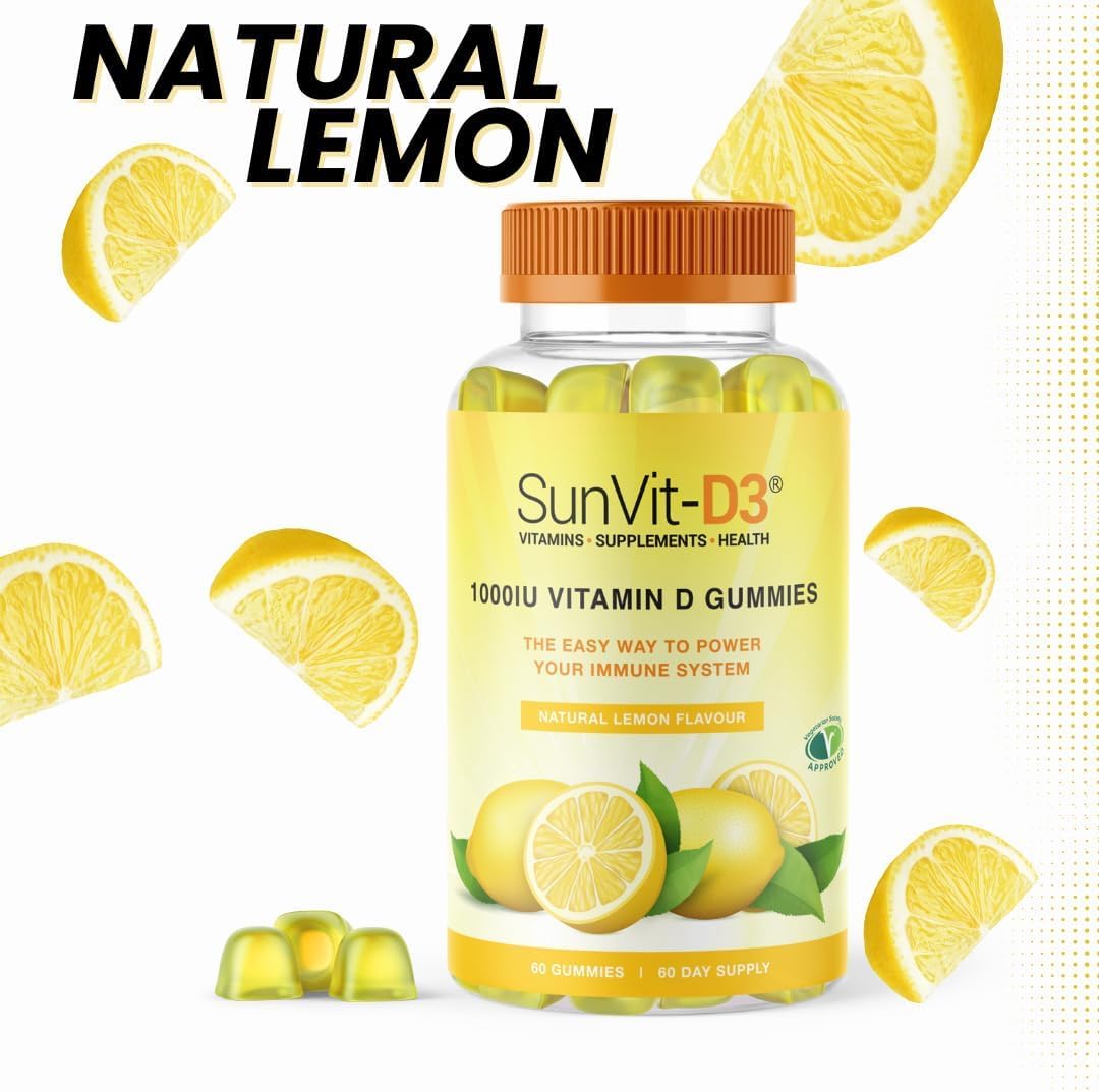 SunVit-D3 Sunvit-D3 Lemon Vitamin D3 Gummies 1,000IU - Vitamin d Gummies for Adults & Menopausal Women | Alleviating Back & Muscle Discomfort | Chewable & Calcium Vitamin D Gummies Suitable for Ages 11 & Above
