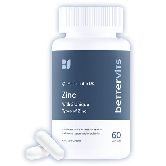 Bettervits Zinc Supplements for Men & Women | High Absorption Zinc Picolinate, Glycinate and Citrate 30mg | Immune and Skin Support - High Strength | 60 Capsules