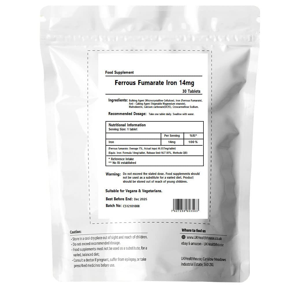 UKHealthHouse Ferrous Fumarate Iron Tablets 14mg Blood Cells Energy Anaemia Tiredness Pregnancy High Strength General Health & Well Being Supplement Vegan (30)