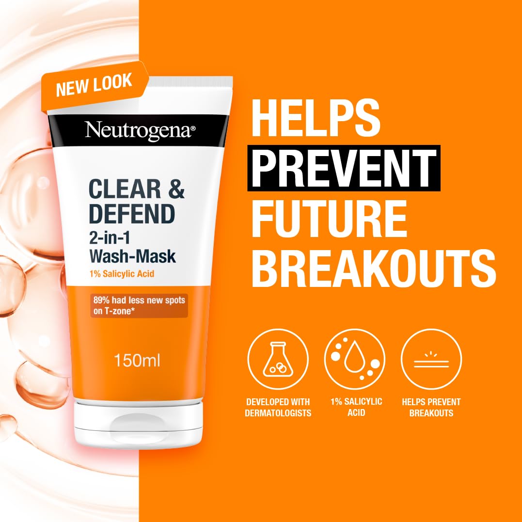 Neutrogena Clear & Defend 2 in 1 Wash-Mask (1x 150ml), Purifying Face Wash and Clay Mask for Oily, Spot-Prone Skin, Face Wash Mask with 1% Salicylic Acid for Clearer Skin and to Help Prevent Breakouts