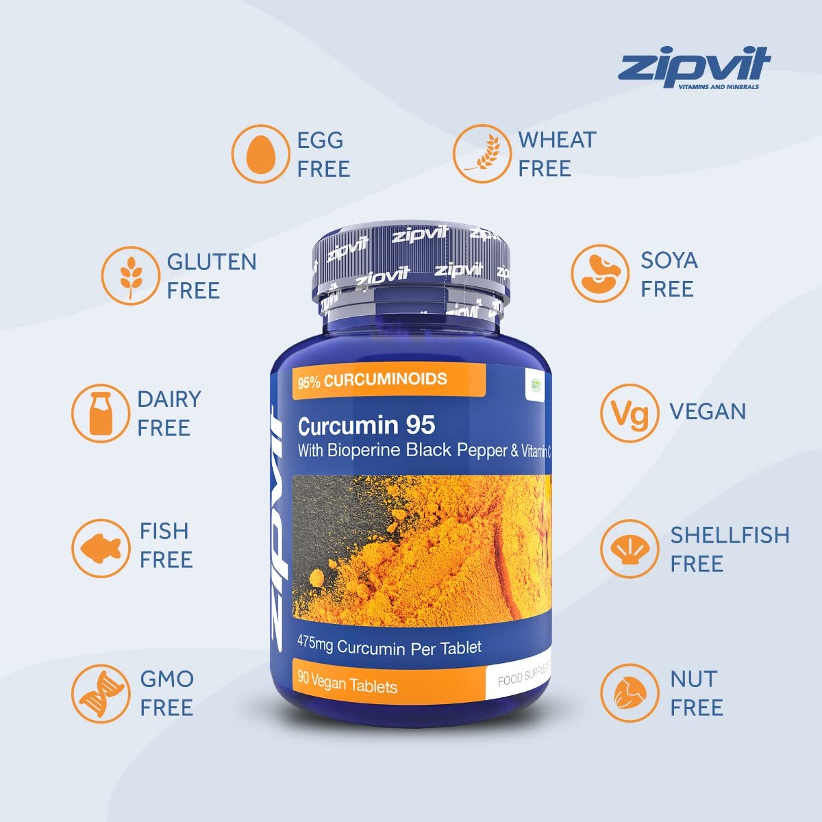 Curcumin 95 with Bioperine, Turmeric Curcumin Supplement with 95% Active Curcumin. 90 Vegan Tablets, 3 Months Supply. Vegetarian Society Approved Curcumin Supplement.