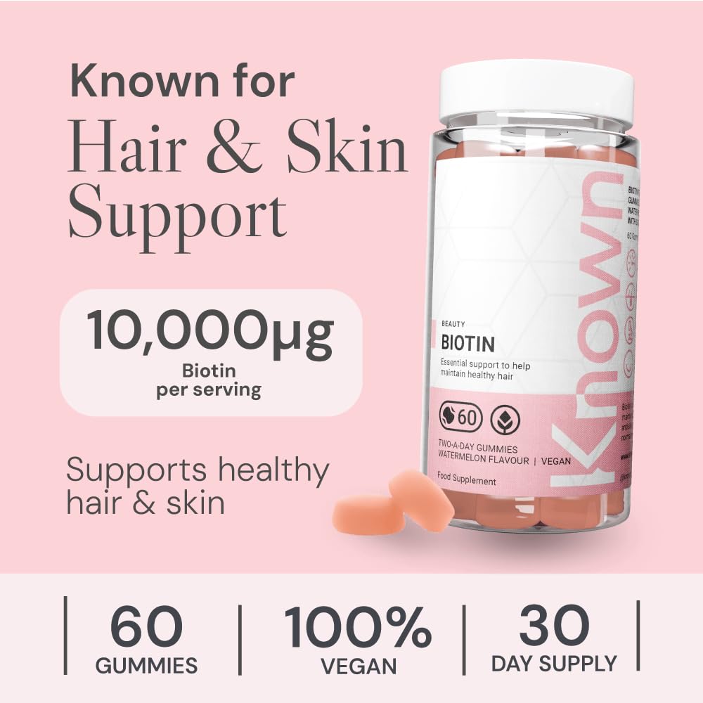 Known High-Strength Biotin Gummies - 10,000µg Biotin - Supports Healthy Hair & Skin - Natural Watermelon Flavour - 60 Vegan Gummies, 1 Month Supply