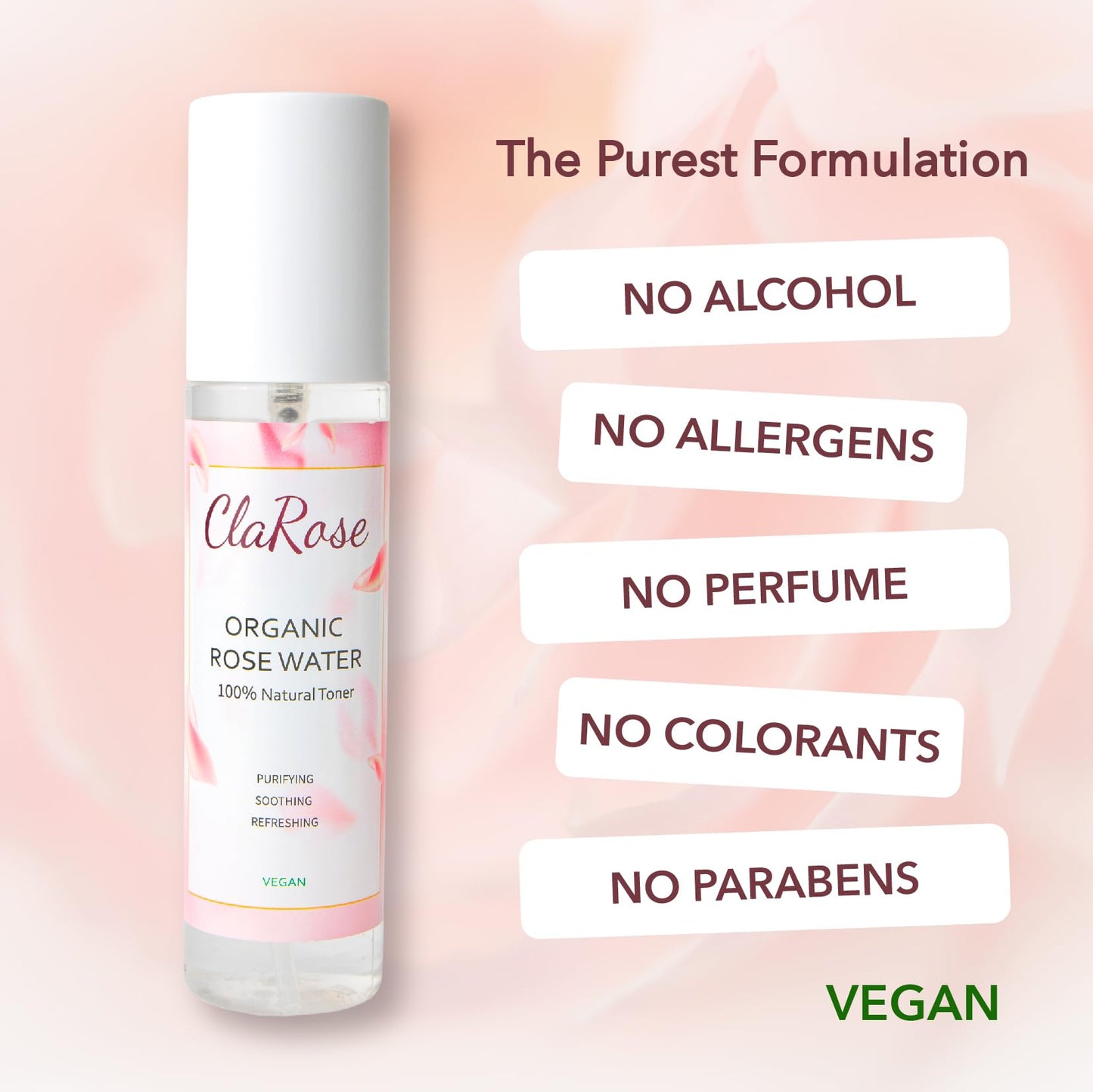 ClaRose 100% Natural Organic Rose Water, Hydrating and Purifying Vegan Toner, 150 ml