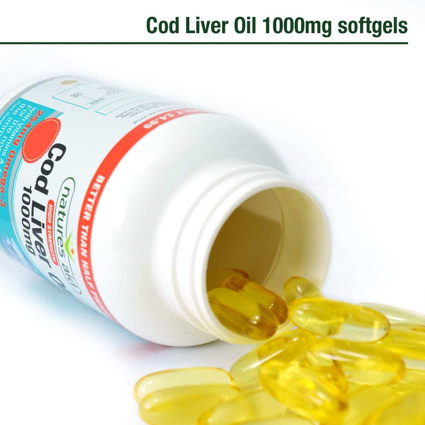 Natures Aid Cod Liver Oil, 1000 mg, 180 Softgel Capsules (High Strength, 254 mg Omega-3 with Vitamins A and D for Normal Function of the Immune System, Made in the UK)