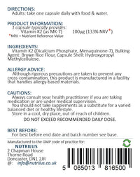 Vitamin K2 MK-7 120 Daily Capsules 100mcg - Highly Bioavailable - Vegan Supplement - Bone Health - Calcium Distribution