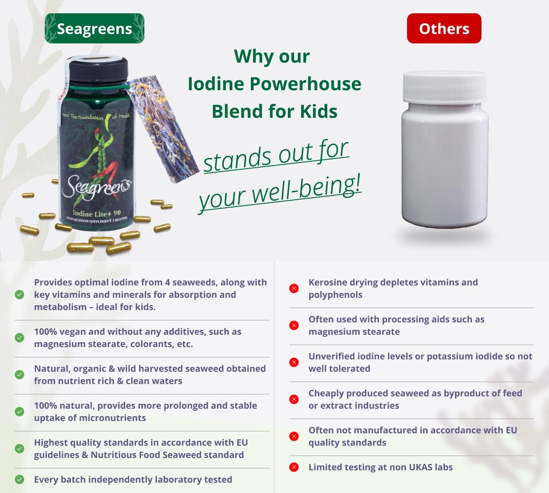 Seagreens Iodine Lite+ Organic Supplements, 3 Month Supply, 150mcg Natural Iodine from Seaweed, Vegan Supplement for Kids & Adults, Radiation Support, Thyroid Health, 90 Capsules