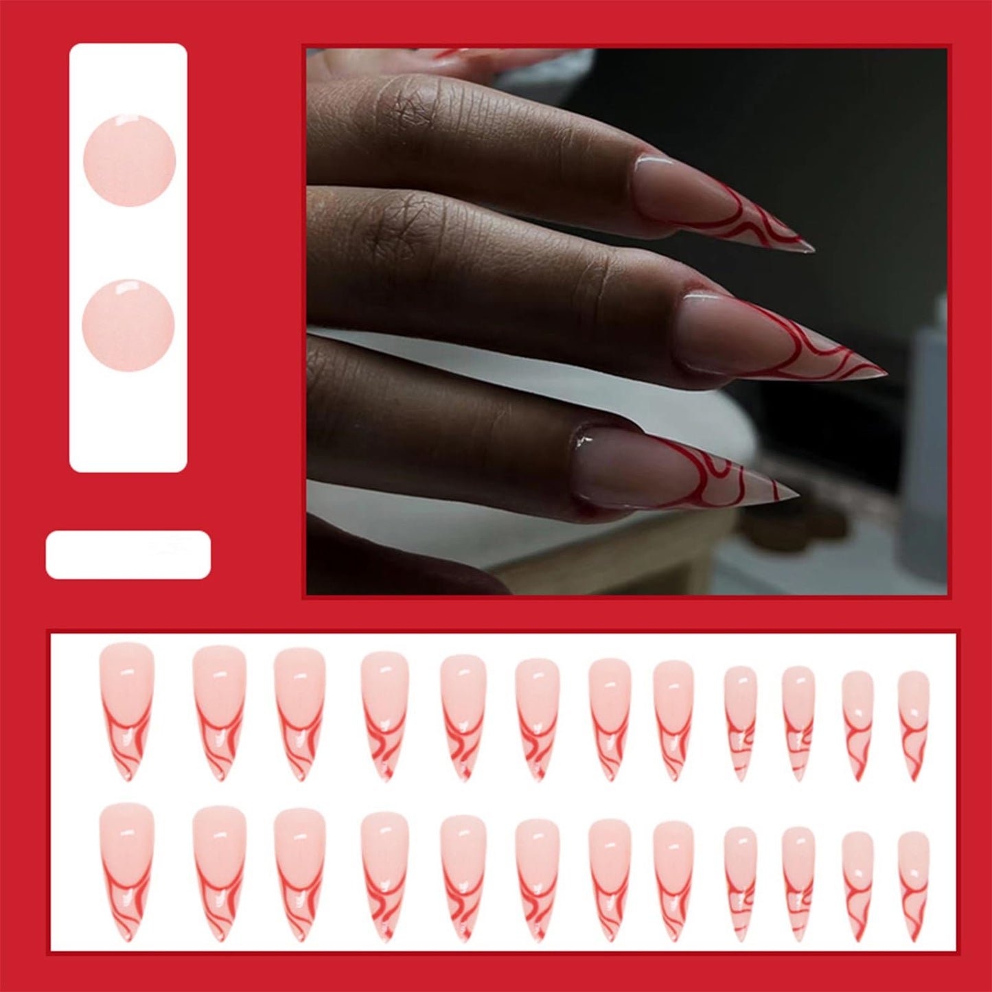 NICENEEDED 24 PCS Long Stiletto Press on False Nails, Almond Red Stripe Full Cover Glue on Fake Nails, Glossy Acrylic Stick on Artificial Nails for Women and Grils