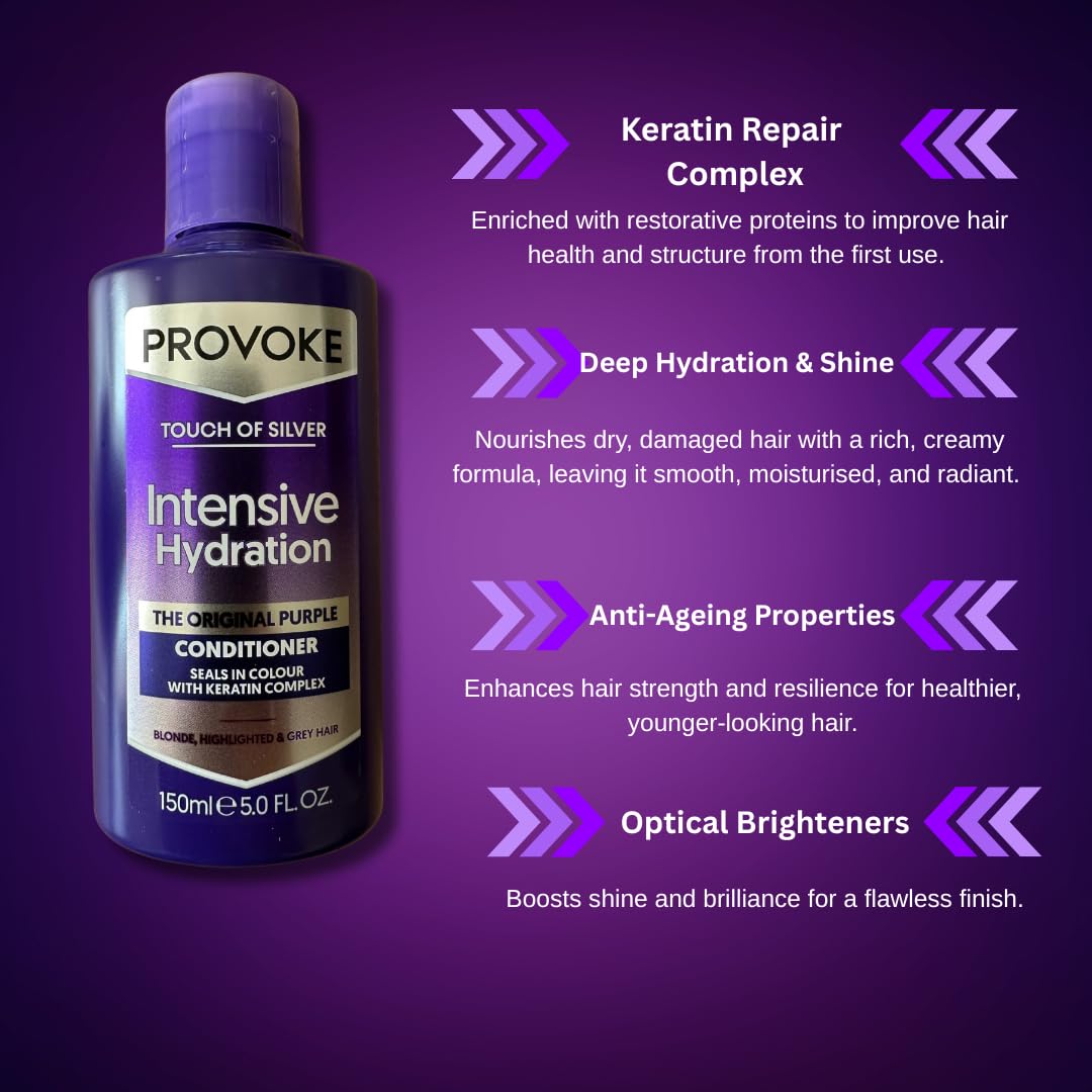 BVO Luxe Provoke Touch Of Silver Purple Shampoo & Conditioner Set (150ml x2) with Travel Brush – Brightens Blonde, Silver & Grey Hair Shampoo & Keratin Repair Conditioner for Brassiness