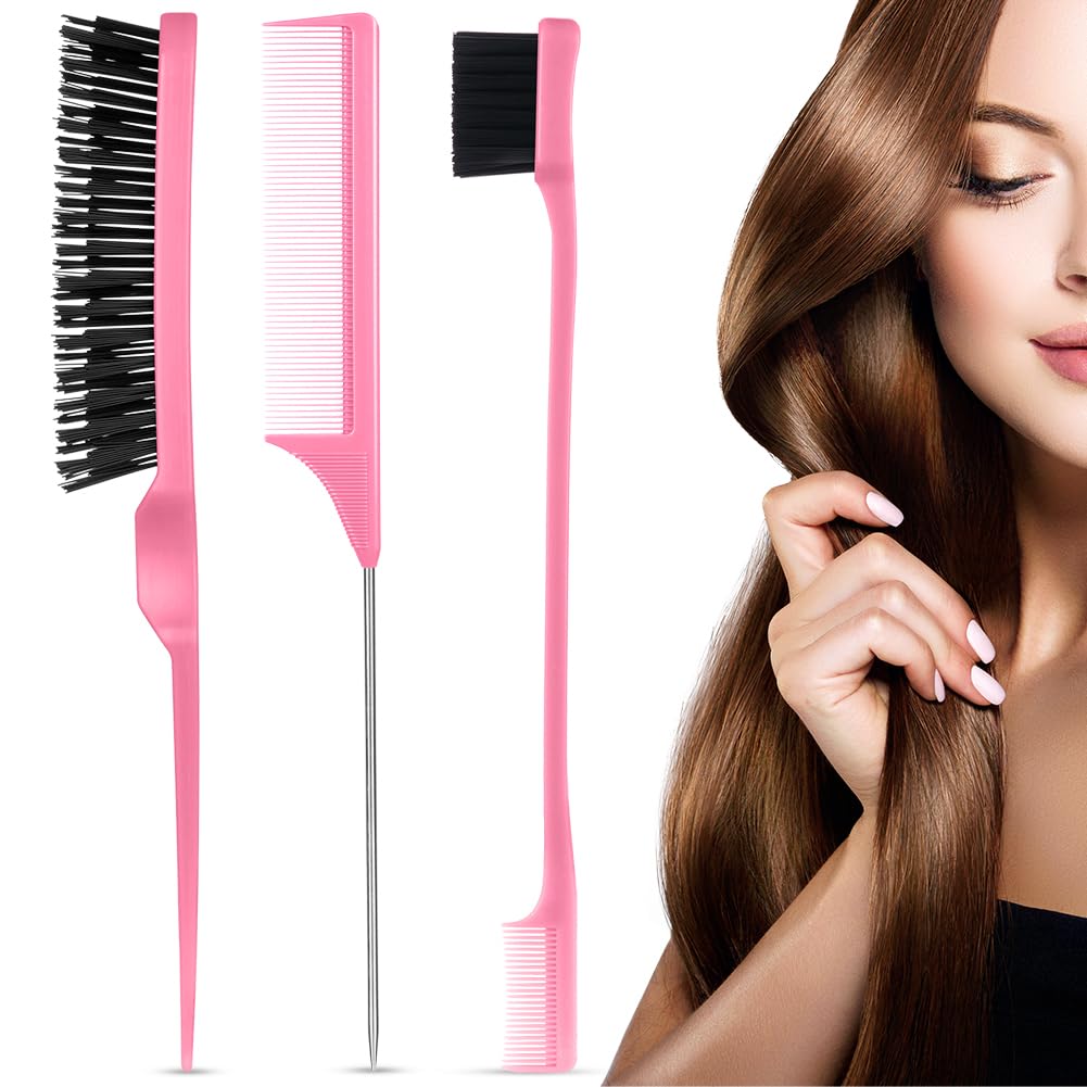 AOOWU 3 Pcs Slick Brush Set, Volume Creating Teasing Brush Set, Hair Styling Comb Set Include Bristle Hair Brush Double Sided Edge Brush Rat Tail Comb for Women Kids Edge Back Hair Smoothing (Pink)