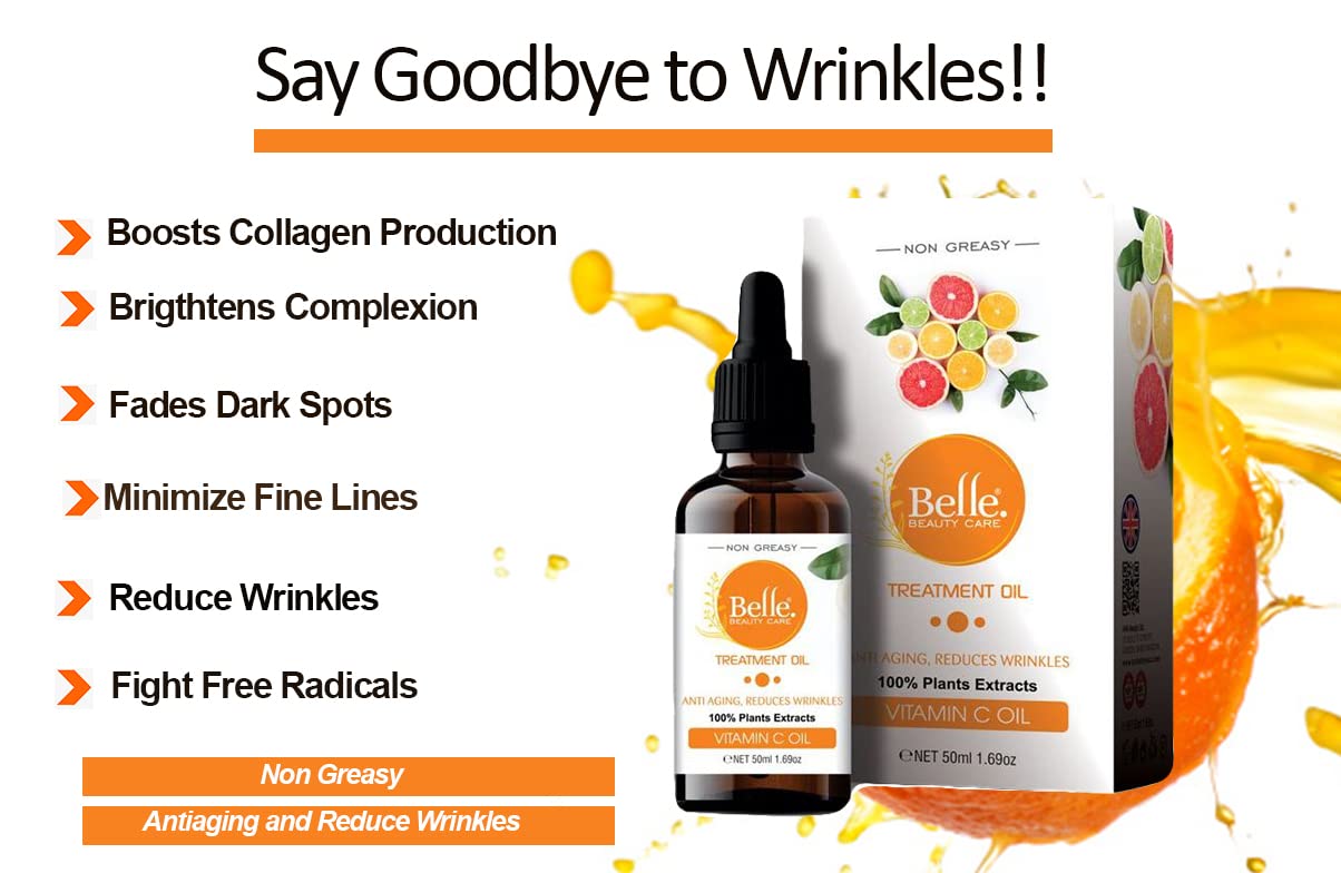 Vitamin C Oil Non Greasy, Face Oils, Vitamin C Face Oil Treatment for Normal to Dry Skin 50mL1.69oz By BELLE