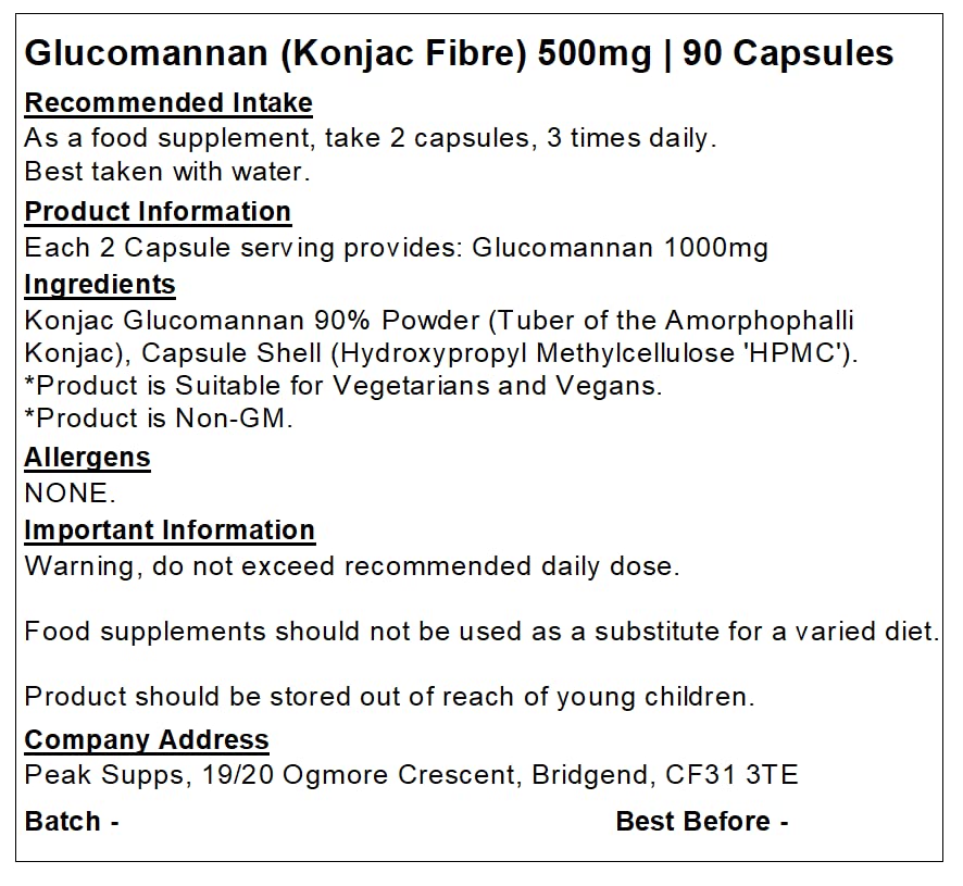 Peak Supps Glucomannan Capsules 500mg | Konjac Fibre | Vegan (90)