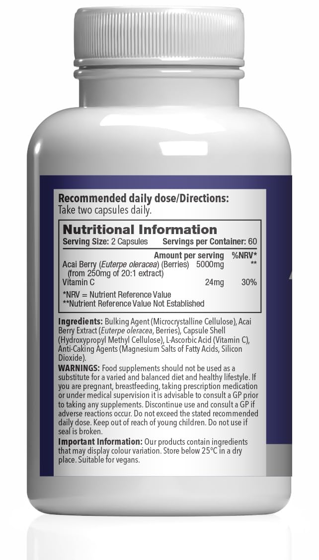 Simply Supplements Acai Berry 5,000mg Capsules | with Vitamin C | Supports Immune System & Collagen Formation | Freeze-Dried Extract | Vegan Friendly | 120 Capsules = 2-Month Supply | UK Made