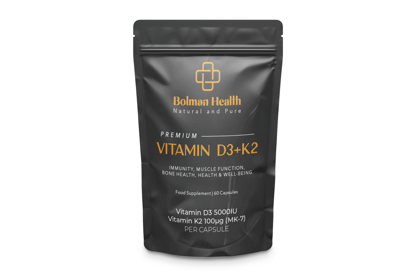 Bolman Health Vitamin D3 + K2 Capsules | Vegeterian Capsules | 5000IU & 100μg (MK-7) | 60 High Strength HMPC Vegan Capsules | 1-A-Day | Vegetarian and UK Manufacture - Supports Immune Sytem & Bone Health