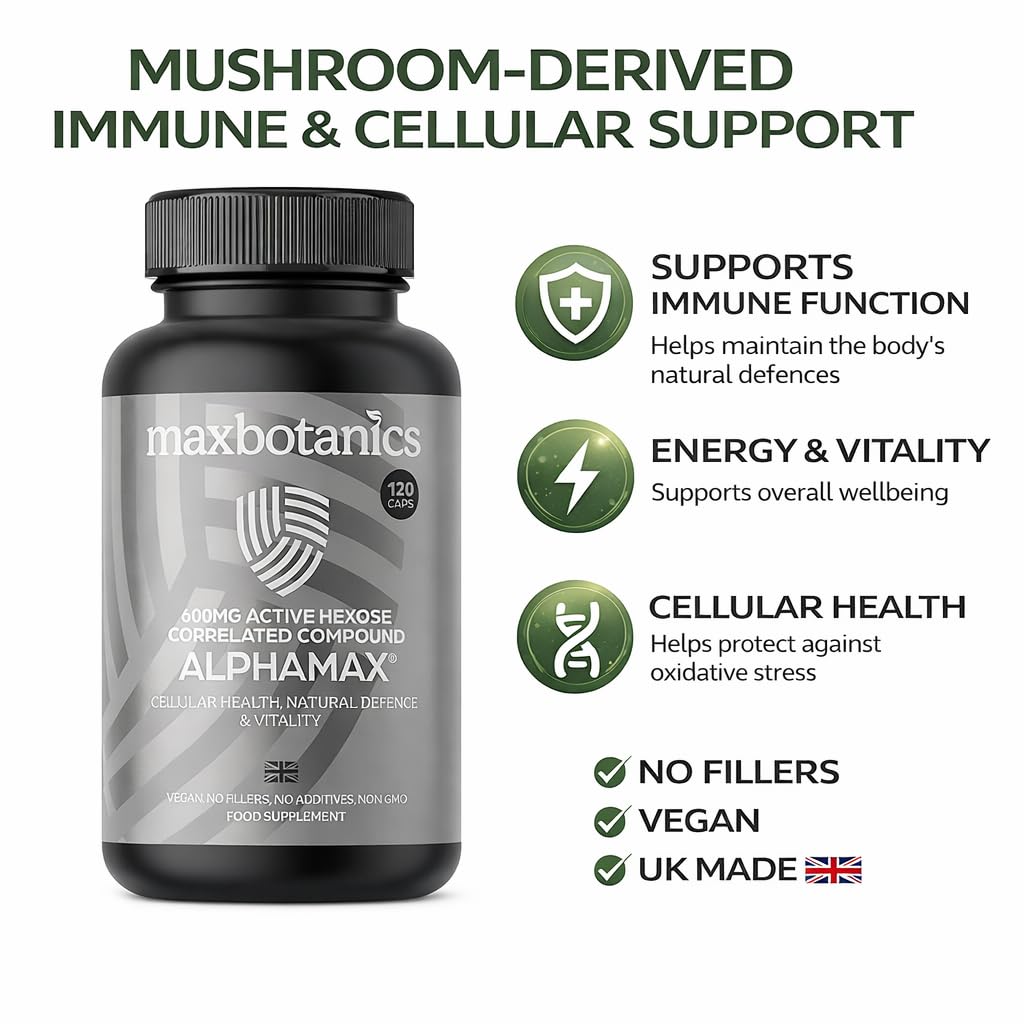 Max Botanics ALPHAMAX® Cellular Health, Natural Defence & Vitatlity Active Hexose Correlated Compound High Strenth AHCC Supplements 600mg Shiitake Mushroom Extract Vegan 120 Capsules UK Made
