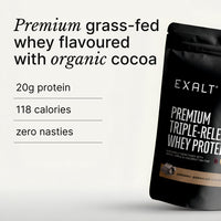 EXALT Nutrition - Whey Protein Powder - Ghanaian Cacao - 500g - Premium Grass Fed Whey - Micellar Casein & Free Range Egg White - 7hr Triple-Release Blend - Naturally Sweetened with Dates