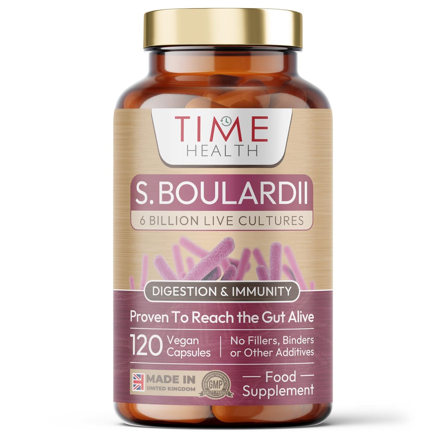 Time Health New: Saccharomyces Boulardii Probiotic – 6 Billion CFU –120 Capsules – Travel Ready S Boulardii (No Refrigeration Required) – Proven to Reach the Gut Alive – Vegan – GMP – UK Supplement