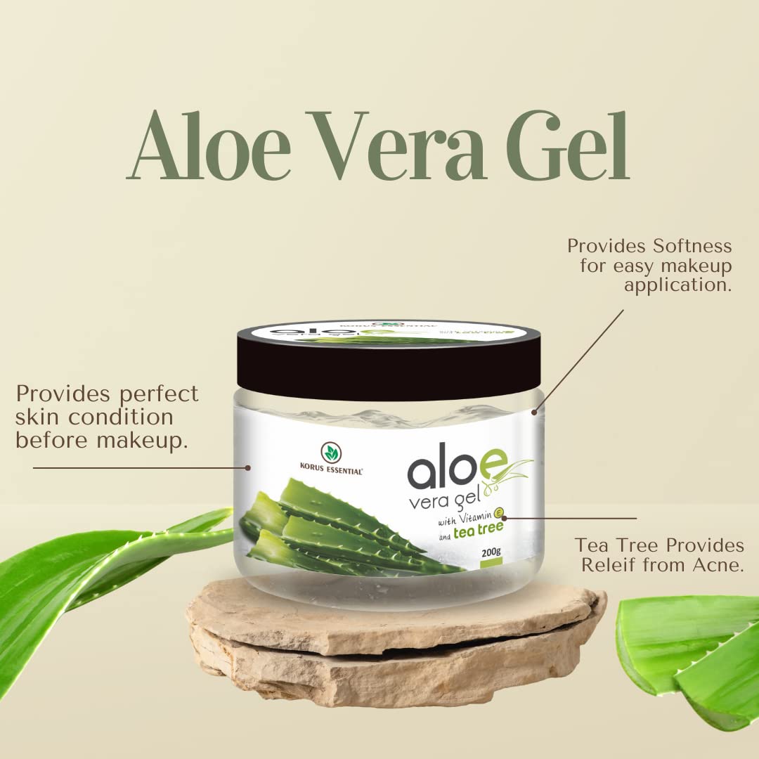 KORUS ESSENTIAL Pure Aloe Vera Gel With Vitamin E and Tea Tree | For Skin and Hair - 200g Pack
