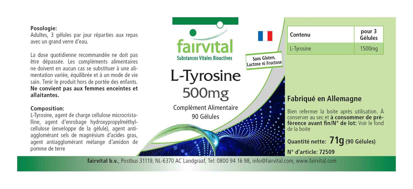 Fairvital | L-tyrosine 500mg - HIGH Dosage - 90 Capsules - Amino Acid