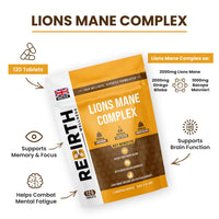 REBIRTH WELLNESS BE YOURSELF | ONLY BETTER Lions Mane Supplement - 2000 mg Lion's Mane (50% Polysaccharides), 2000 mg Ginkgo Biloba & 1000 mg Bacopa Monnieri - Nootropics Supplement - 120 Small Vegan Tablets - UK Made - 3rd Party Lab Tested