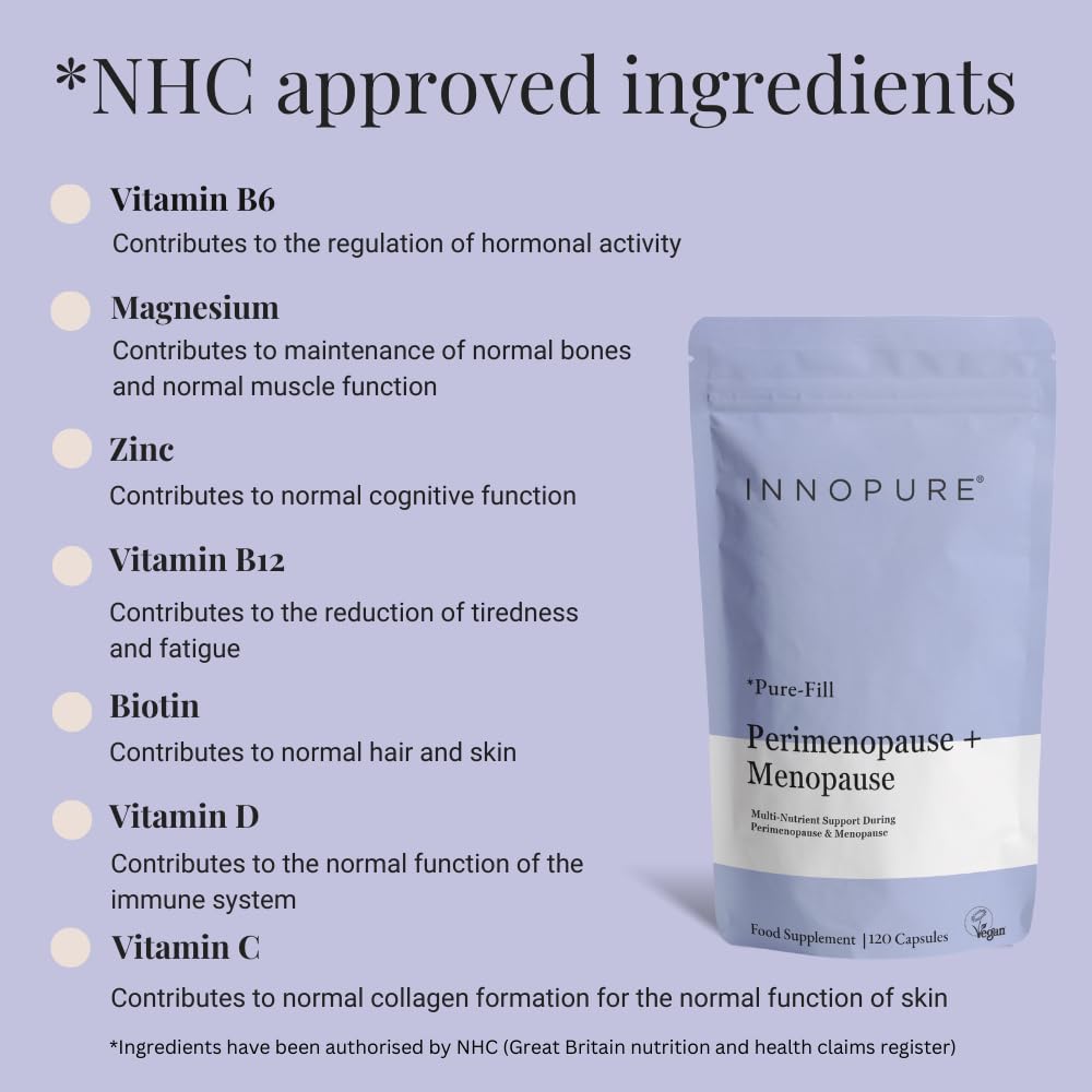 INNOPURE Perimenopause & Menopause Complex Supplements (4 Month Supply) Red Clover, Wild Yam, Maca, Sage and Vitamins Including B6 for Hormone Regulation, 120 Capsules, Pure-Fill, UK Made