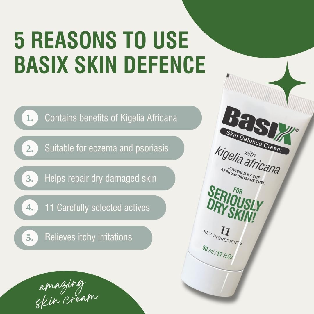 Basix Skin Defence Cream for Seriously Dry Skin with Kigelia Africana - 11 Natural Ingredients Repairs Eczema and Psoriasis Prone Skin - 50ml