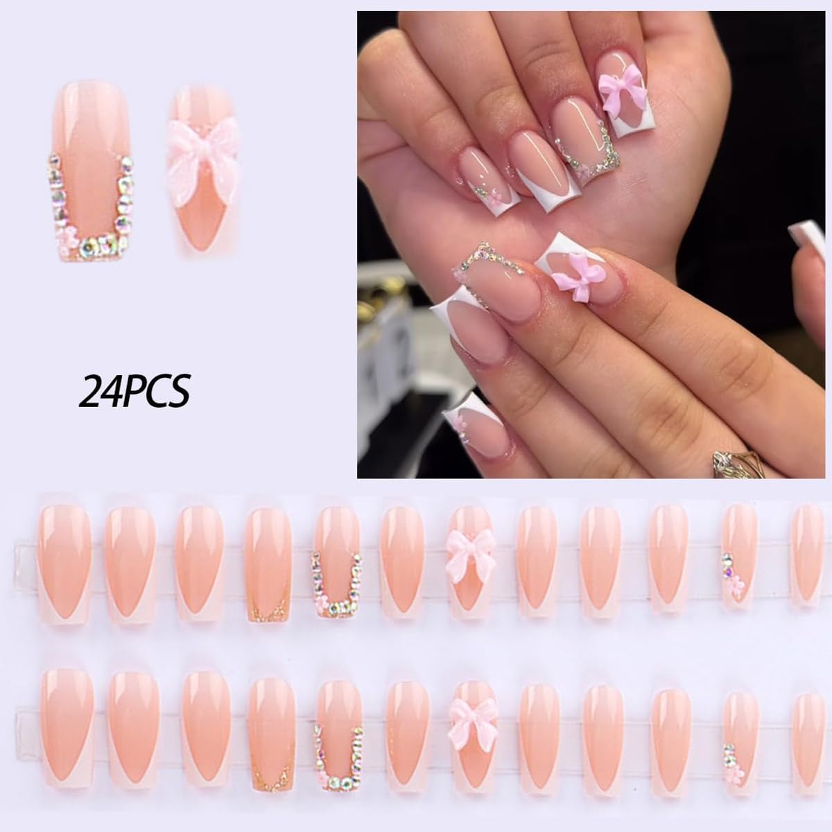 Dream Aurora 24 Pcs French False Nails White Tip,Press on Nails Medium Coffin Shape Bow Fake Nails with Design Rhinestones Glue on Nails French Nail Tips False Nails Supplies Full Cover Glossy Acrylic Nails