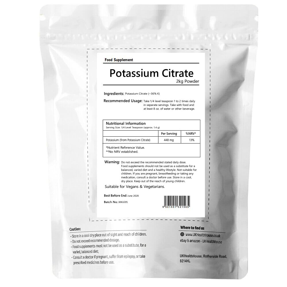 UKHealthHouse Potassium Citrate Powder 2kg – High Strength Potassium Electrolyte Supplement | Supports Muscle & Nerve Function | Electrolytes Powder for Keto & Fasting | Dairy & Gluten Free