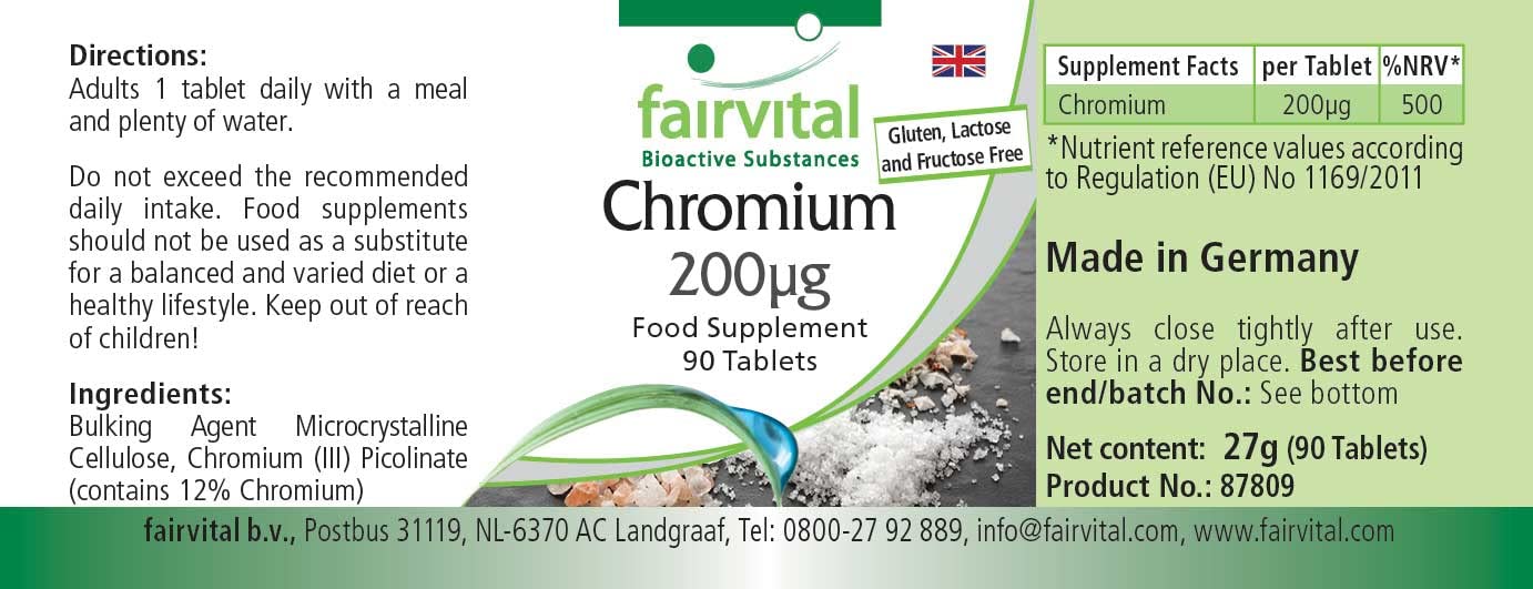 Fairvital | Chromium 200mcg from Chromium picolinate - Bulk Pack for 3 Months - HIGH Dosage - Vegan - 90 Tablets