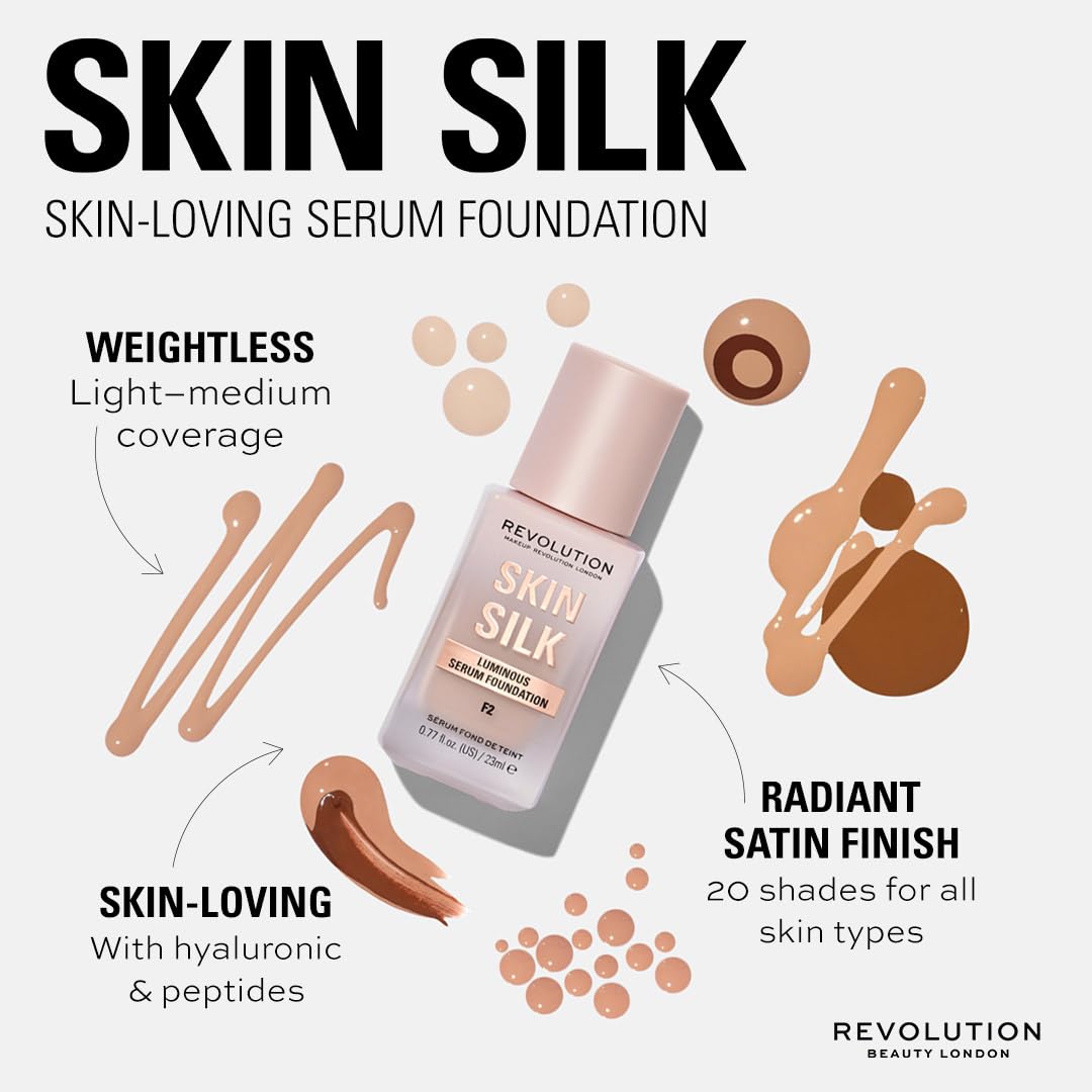 Makeup Revolution, Skin Silk Serum Foundation, Light to Medium Coverage, Contains Hyaluronic Acid, F10, 23ml