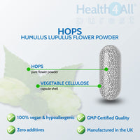 Health4All Hops 400mg 60 Capsules (V) .(not Tablets) Purest: no additives. Vegan Capsules for Anxiety, Stress and Sleep Supplement