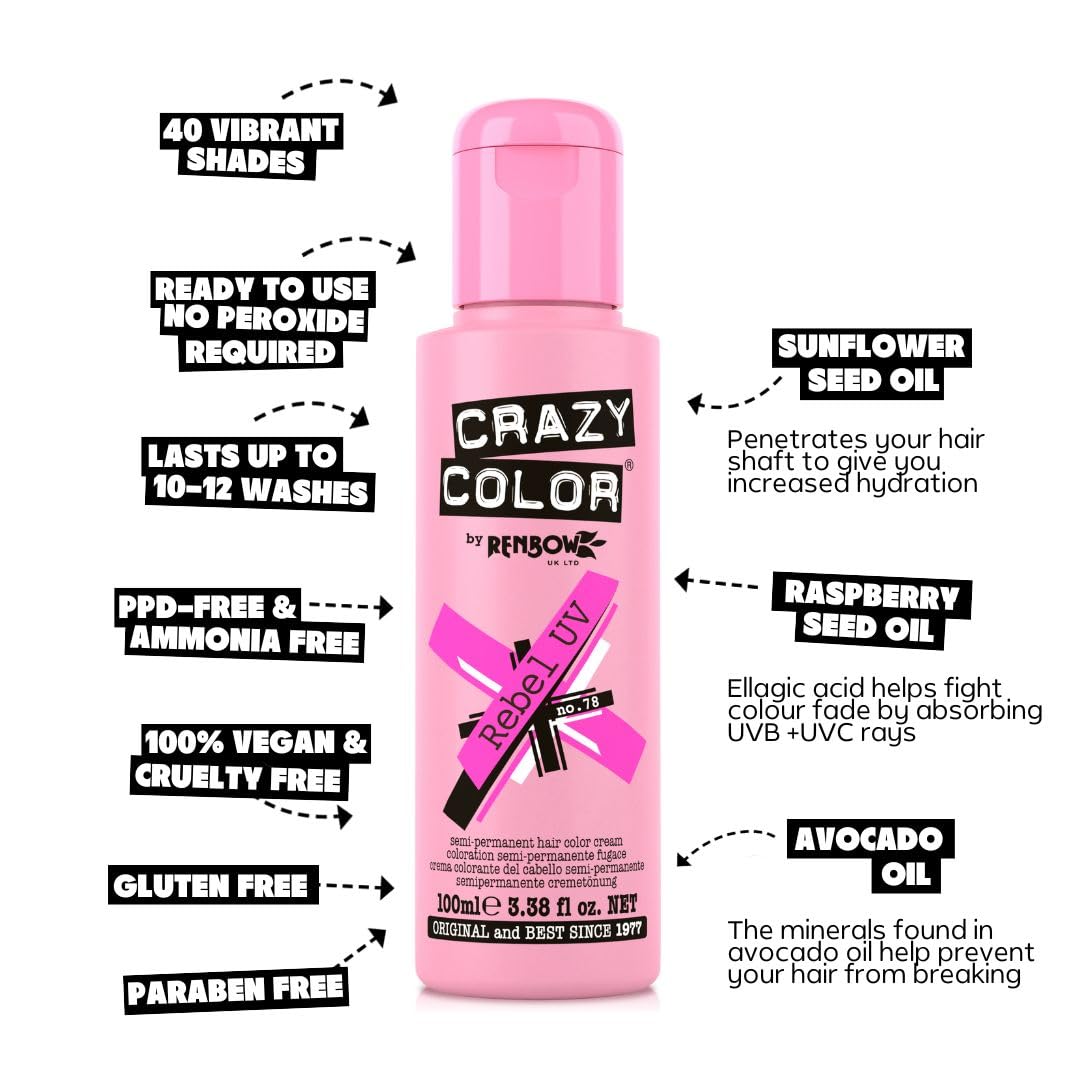 Crazy Color Vibrant Rebel UV Semi-Permanent 4 Pack Quad Hair Dye. Highly Pigmented Neon Pink Conditioning & Oil Nourishing Vegan Formula No Bleach or Ammonia 400ml