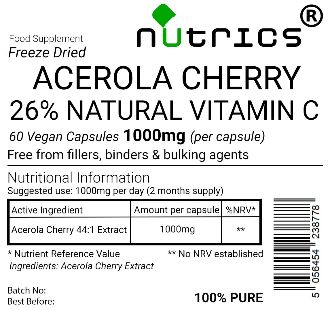 Nutrics® 1000mg ACEROLA Cherry Extract 2 Months Supply 60 Vegan Capsules Natural Vitamin C 100% Pure Freeze Dried Standardised 26% 44:1 Extract Ratio Strong Safe & Effective