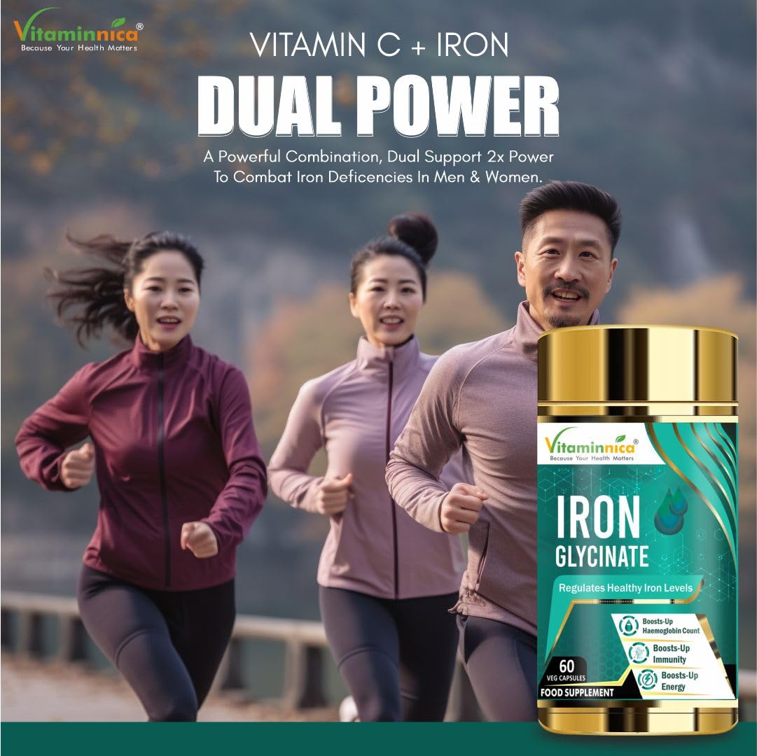 Vitaminnica Because your Health Matters Vitaminnica Iron Glycinate with Vitamin C | Pack of 60 Capsules | Healthy Iron Level for Men & Women