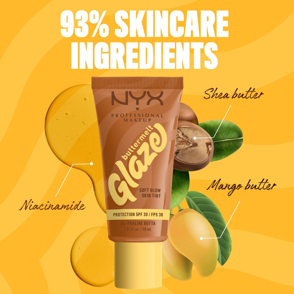 NYX PROFESSIONAL MAKEUP NYX Professional Makeup Buttermelt Glaze Soft Glow Skin Tint + SPF/FPS 30, Foundation, 12h Wear, Praline Butta