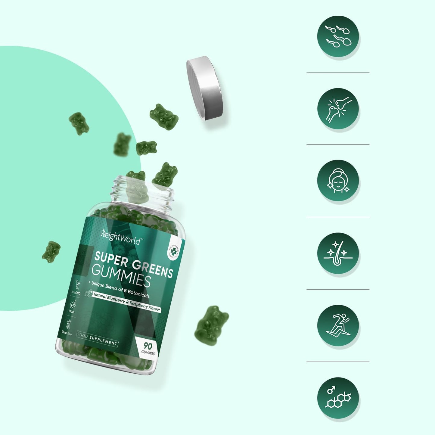 WeightWorld Super Green Gummies | 90 Vegan Multivitamin Gummies | Blend of 8 Botanicals | with Vitamin B12, B3, B6, B5 & Folic Acid | Added 1.5mg Zinc | Gluten-Free Greens Supplement