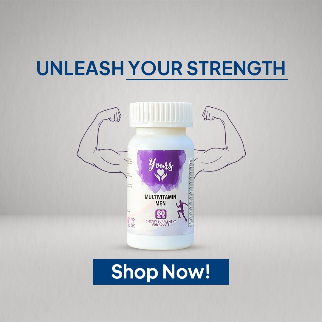 YOURS Yours Multivitamin Men Formulated Specifically for Men, Vitamin D3, Vitamin A, C, Iron and Biotin Support Metabolism, Healthy Skin, Improve Bone Health, for Healthy Hair, 60 Tablets, 02 Month Supply.