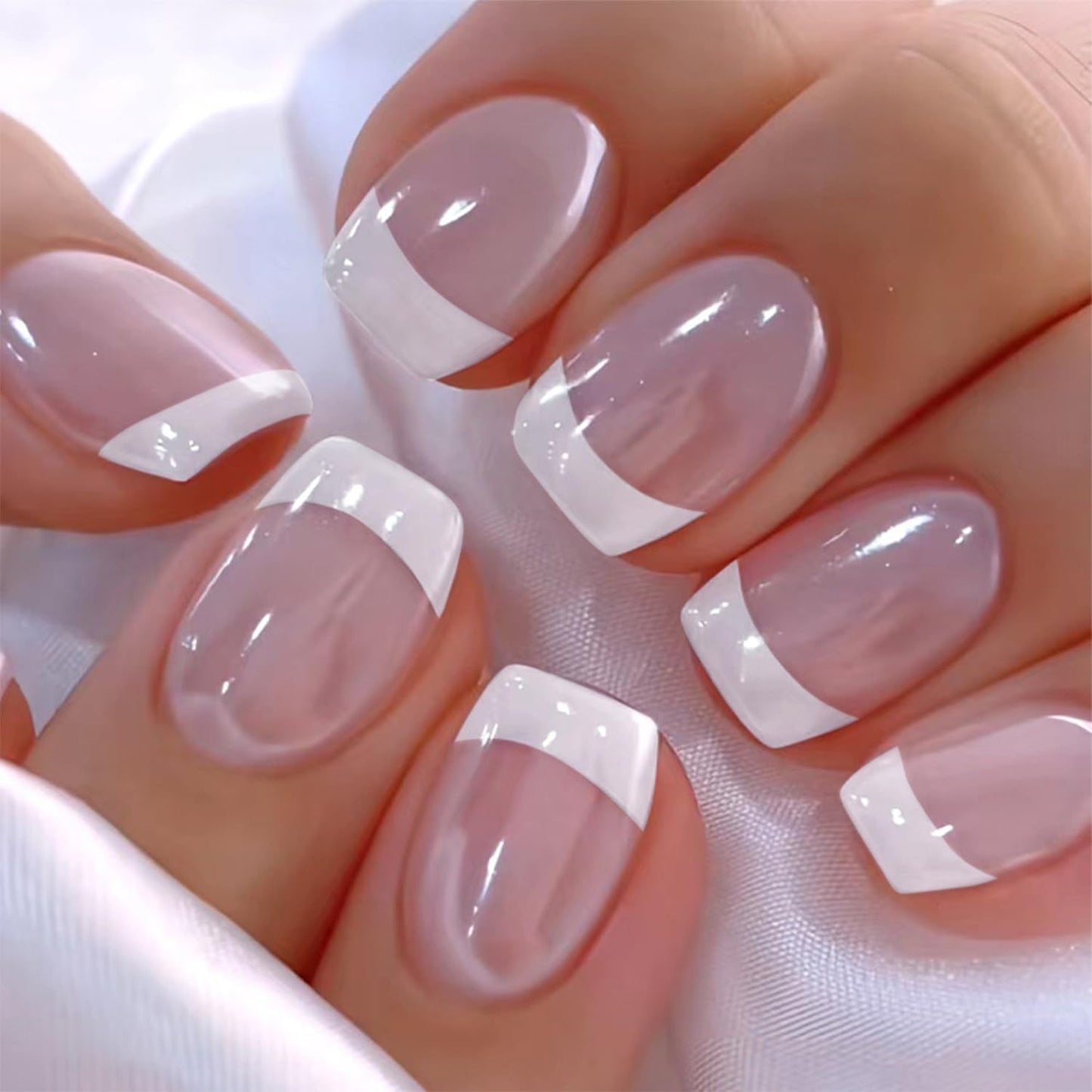 LunarCharm 24 Pieces White French Tip Press-on Nails, Short Square Artificial Nails, Pink Glue-on Nails, Full Coverage, Acrylic Artificial Nails, Reusable