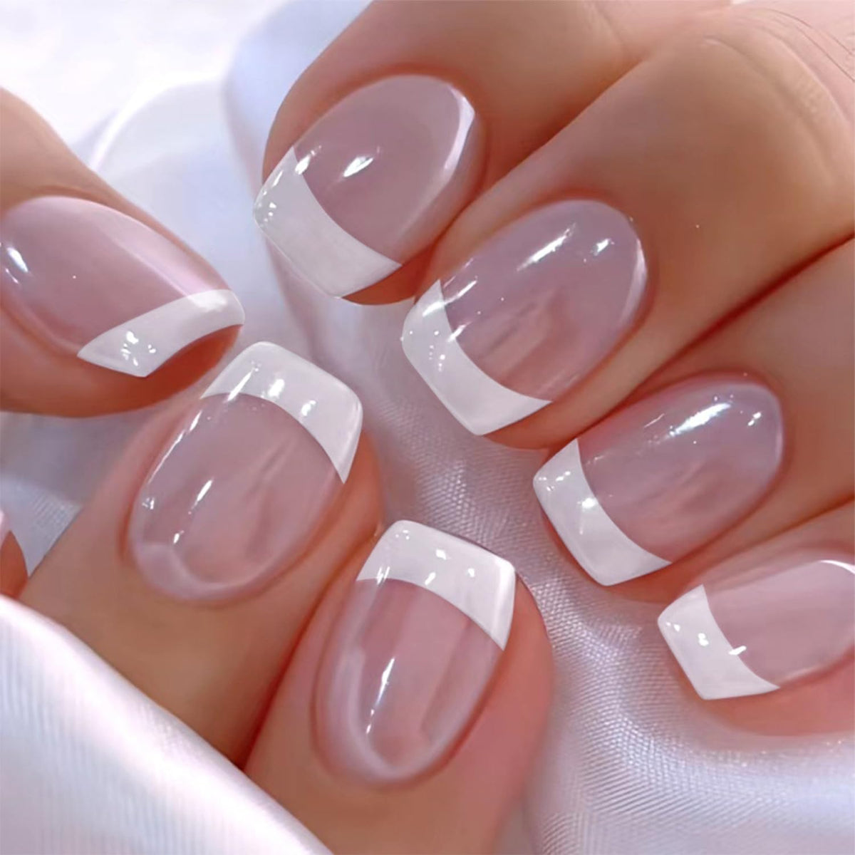 LunarCharm 24 Pieces White French Tip Press-on Nails, Short Square Artificial Nails, Pink Glue-on Nails, Full Coverage, Acrylic Artificial Nails, Reusable