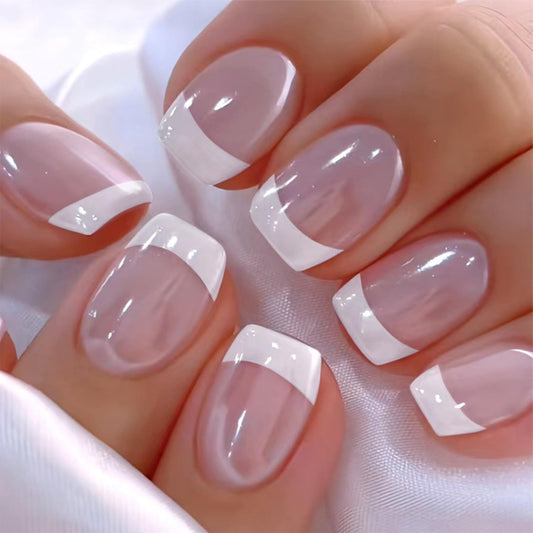 LunarCharm 24 Pieces White French Tip Press-on Nails, Short Square Artificial Nails, Pink Glue-on Nails, Full Coverage, Acrylic Artificial Nails, Reusable
