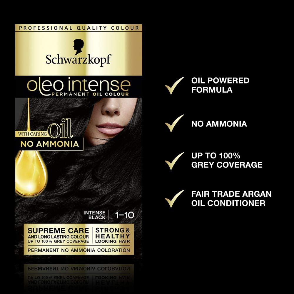 Schwarzkopf Oleo Intense Black Hair Dye, 3-Pack Permanent Oil Colour, No Ammonia, Covers Greys, Black 1-10