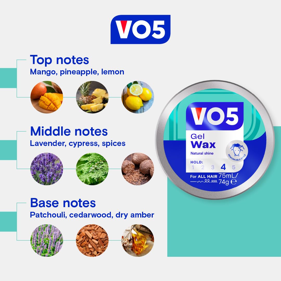 VO5 Gel Wax, Hair Styling Product for Flexible Hold & Definition, Reworkable Texture, Soft Shine Finish, Non-Greasy, Ideal for Short Hair, 75ml