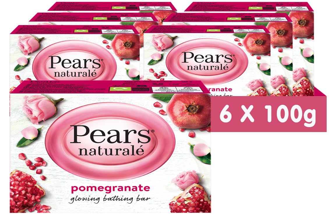 PEARS Pears Naturalé Soap Bar - Pomegranate Glowing Bathing Bar with Pure Glycerin, Mild & Gentle Cleansing Formula for Daily Skin Radiance, Ideal for Hydrating Face, Body, and Hands - 100 g (Pack of 6)