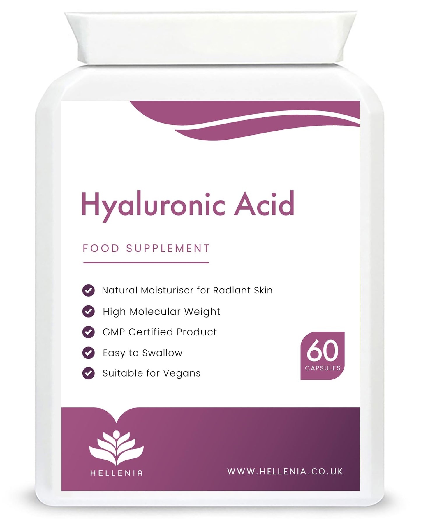 Hellenia Hyaluronic Acid Supplements 100mg Capsules | Supports Healthy Connective Tissue and Joints | Natural Moisturiser for Radiant Skin | 60 Hyaluronic Acid Capsules | Vegan Friendly - Made in the UK